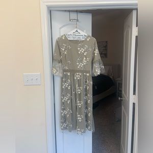 Roolee midi length semi formal dress with grey with embroidered flowers. Size S.